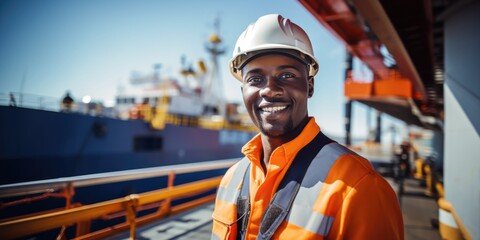 Portrait of a man worker as foreman with a helmet at Container Port Terminal