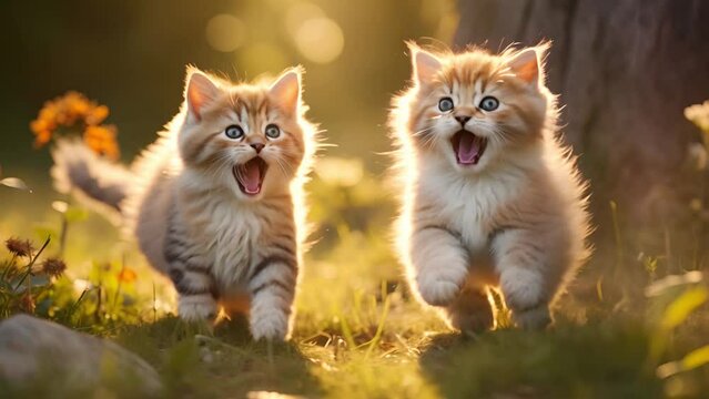Cute kittens with blue eyes prancing in green grass in the sunlight Generative AI
