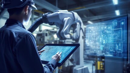 A Industry engineer in factory using digital tablet with automated robot arm machine learning operation infographic system control monitoring on a blue background. - obrazy, fototapety, plakaty