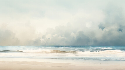 Fototapeta na wymiar he subtle gradient of the sand meeting the sea in calming. A digital watercolor of a quiet beach