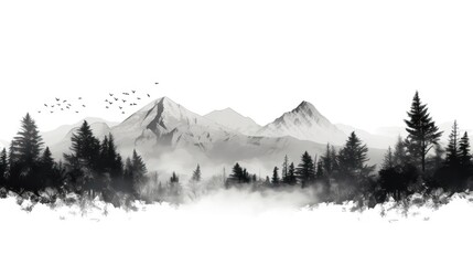 A Black and white mountain range, landscape, tree symbols, stencil vector illustration.