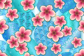 Fototapeta na wymiar Cherry blossom seamless pattern, traditional Japanese style. Vector file is compatible with all versions of Illustrator CC.