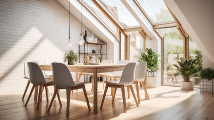 Fototapeta na wymiar A Minimalist interior design of a modern Dining table and chairs in a clear loft with wooden beams in the dining room, a room with morning sunlight streaming through the window.