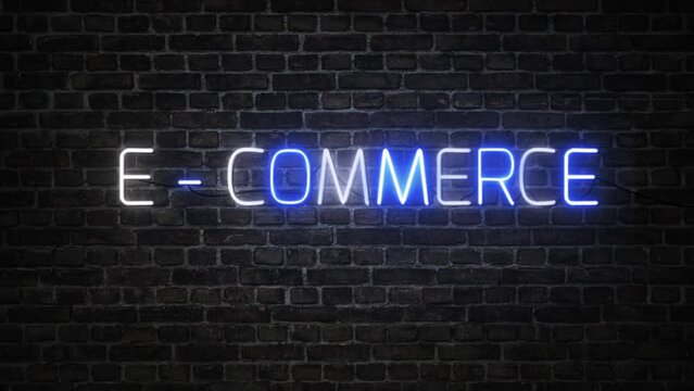 E-commerce neon signboard in white and blue neon colors on black brick wall background. 