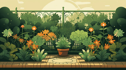 A flat design illustration of a small garden, with a focus on the symmetry