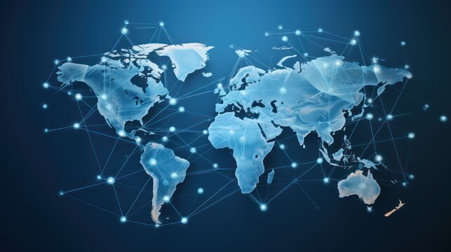 A World map infographic with communication network icons, photo, on a blue background.