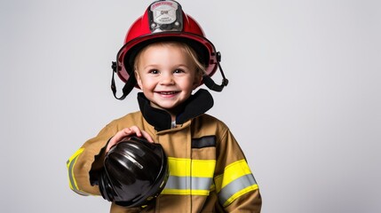 A Happy boy wearing firefighter uniform, little firefighter and fire extinguishing equipment, firefighter career adventure concept. on empty space on a white isolated transparent background.
