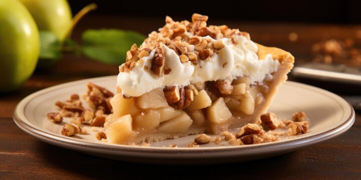 A succulent image capturing a slice of apple pie with a crumbly streusel topping, adding an extra touch of texture, and toasted walnuts enhancing the warm, ery flavors of the apple filling.