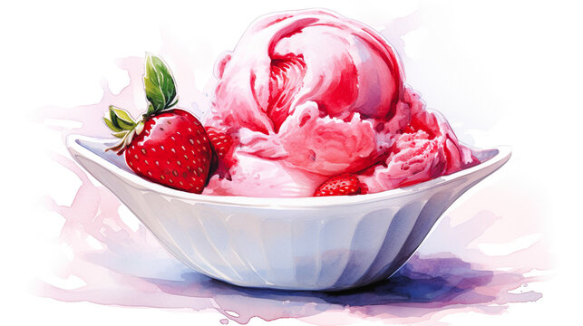 ストロベリーアイスクリームの水彩イラスト