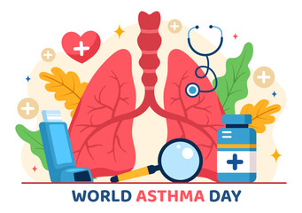World Asthma Day Vector Illustration on May 2 with Inhaler, Medical Equipment and Health Prevention Lungs in Healthcare Flat Cartoon Background