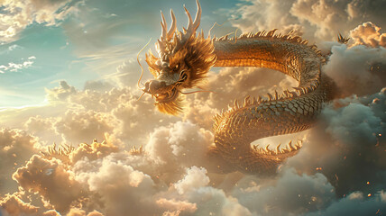 Gold Chinese dragon surrounded by clouds, creative character design, full length, ultra realistic, sky and cloud sea in background 
