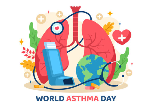 World Asthma Day Vector Illustration on May 2 with Inhaler, Medical Equipment and Health Prevention Lungs in Healthcare Flat Cartoon Background