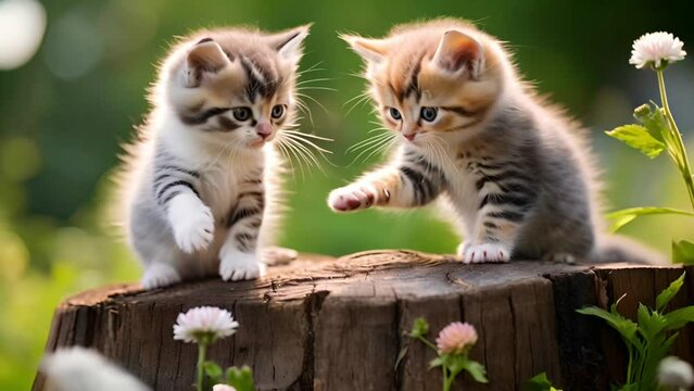 Two cute little kittens playing on a tree trunk in the springtime with little flowers Generative AI