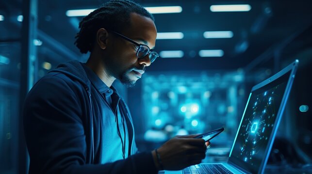 Side view portrait of African American data engineer holding laptop while working with supercomputer in server room lit by blue light. copy space for text.