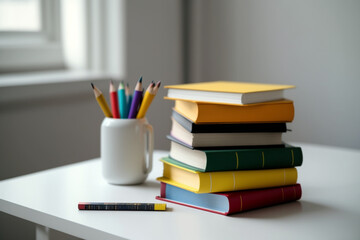 A book pile close up on a study desk. Front view pile book. Stack of colorful books on study table