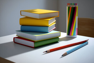 A book pile close up on a study desk. Front view pile book. Stack of colorful books on study table