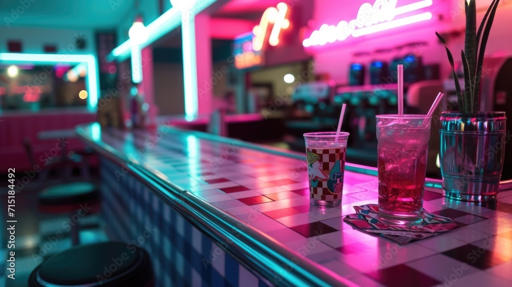 Wall mural A neon light display of a checkered tablecloth with a soda fountain gl outlined in neon representing the quintessential dining experience of a retro diner