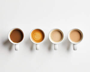 overhead view of five white cups with coffee different shades of cream-colored coffee liquid. white background, in the style of minimalism