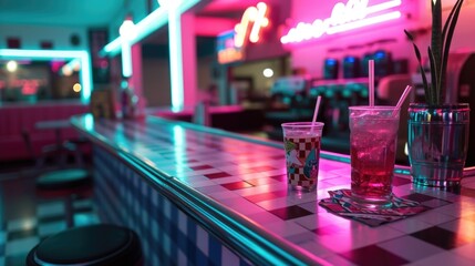 A neon light display of a checkered tablecloth with a soda fountain gl outlined in neon representing the quintessential dining experience of a retro diner
