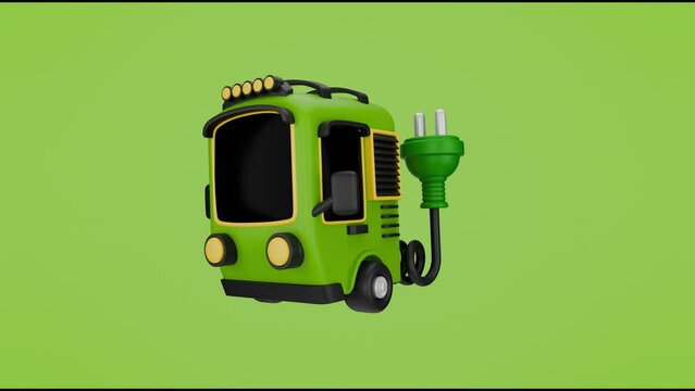 3d green eco truck with power plug floating animation with sustainability theme looping on green screen, white background, overlay, and alpha matte clips with the same duration. 3d render.