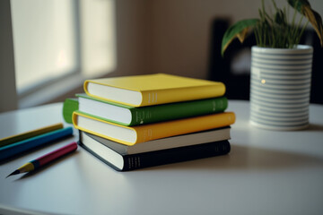A book pile close up on a study desk. Front view pile book. Stack of colorful books on study table