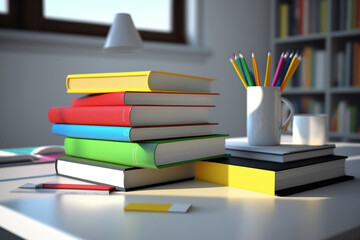 A book pile close up on a study desk. Front view pile book. Stack of colorful books on study table