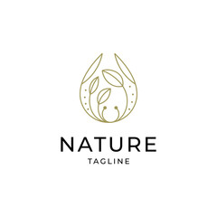 Nature leaf plant logo with drop water combination in line art design style