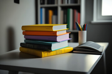 A book pile close up on a study desk. Front view pile book. Stack of colorful books on study table