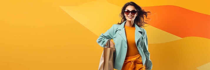 Front view, happy woman carrying shopping bags, website banner design, wide angle, orange pallet