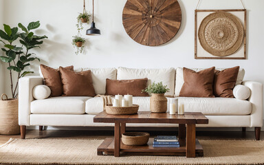 Rustic wooden coffee table near a white sofa adorned with leather pillows, showcasing a farmhouse and ethnic-style home interior design in a modern living room.