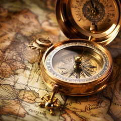 Vintage Gold Compass on Old Map Background: Travel, Adventure, Explore