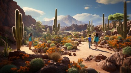 Explore the wonders of a simulated desert ecosystem exhibit, with a stunning 3D rendering of cacti, sand dunes, and the unique flora and fauna of arid regions. - obrazy, fototapety, plakaty