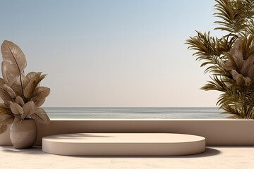 Obraz premium 3D Podium with Shadow Nature Leaves, Brown Wall, and Sea Background