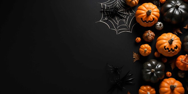 Happy halloween flat lay mockup with pumpkins and spider web on black background