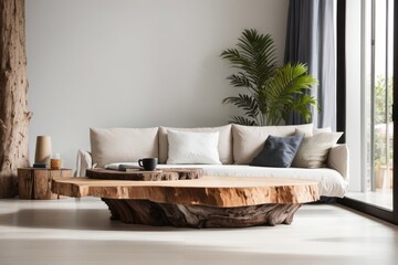 Scandinavian Interior home design of living room with white sofa and tree stump wooden edge table