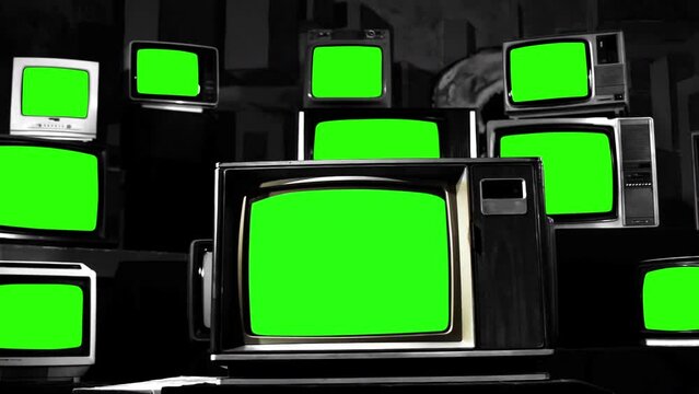 Green Screen Televisions, Old TVs Green Screen. Black and White Tone. Zoom In. 4K Resolution.