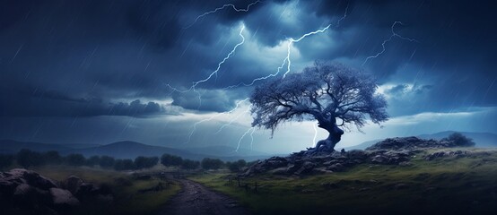 lightning bolt, tree sky and stormy morning