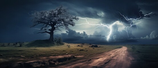 lightning bolt, tree sky and stormy morning