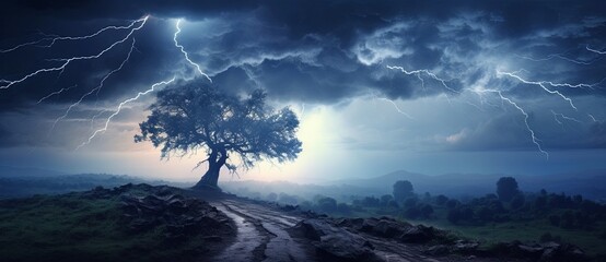 lightning bolt, tree sky and stormy morning