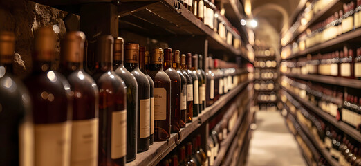 dark wine shelf row in a wine cellar - obrazy, fototapety, plakaty