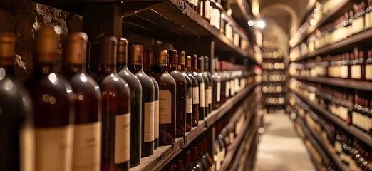 Fotobehang dark wine shelf row in a wine cellar © Asep