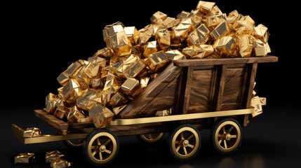a digital illustration of a vintage cart brimming with golden bars, symbolizing wealth, success, and financial concepts on a isolated black background