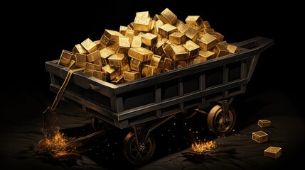 a digital illustration of a vintage cart brimming with golden bars, symbolizing wealth, success, and financial concepts on a isolated black background