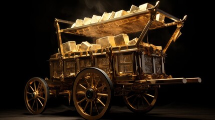 a 3D rendering of a vintage cart overflowing with shiny gold bars against, isolated black background. symbolizing wealth and abundance