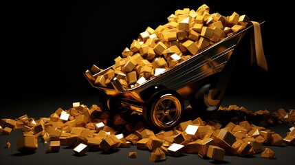 digital illustration of a mining cart overflowing with shiny gold bars, symbolizing wealth and abundance, isolated black background