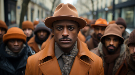 Fototapeta premium Black man dressed in suit - March - protest - serious expression - street - civil disobedience - close-up,shot 