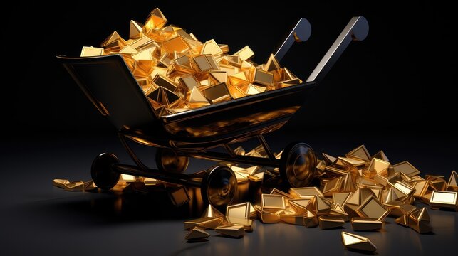 a digitally rendered image showcasing a cart overflowing with shining gold bars against a stark, isolated black background. 
