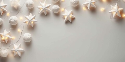 mockup paper. White paper. Christmas decorations. Christmas candy. Fairy lights. Top view point