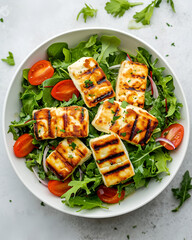 Grilled halloumi salad on a white plate sprinkled with arugula around the outside of the plate