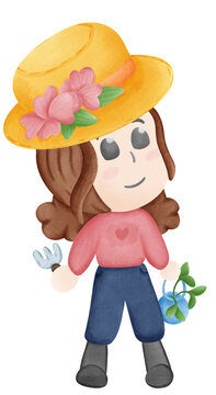Woman wearing a planting hat